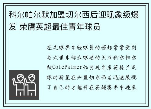 科尔帕尔默加盟切尔西后迎现象级爆发 荣膺英超最佳青年球员